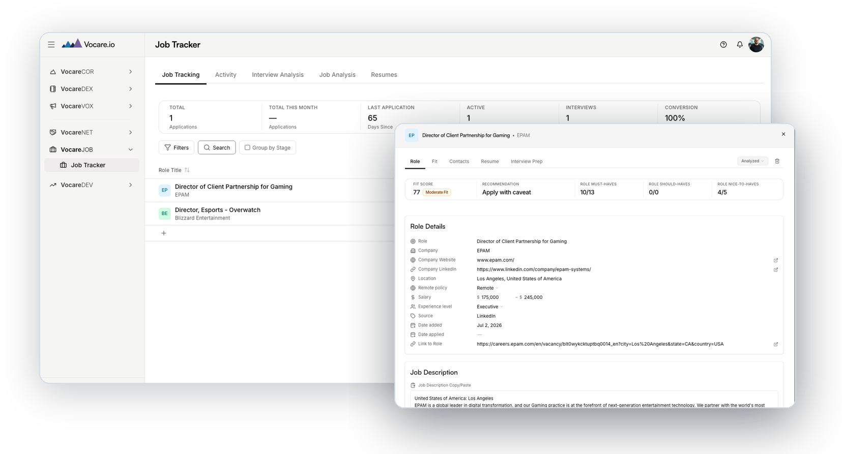 VocareJOB — job tracker with fit analysis